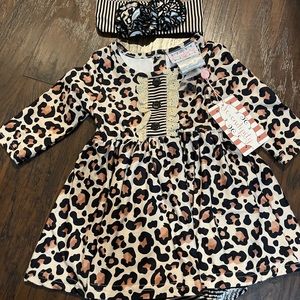 Nwt SERENDIPITY CLOTHING PARIS CHIC 2PC LEOPARD BUBBLE DRESS & HEADBAND - 12m